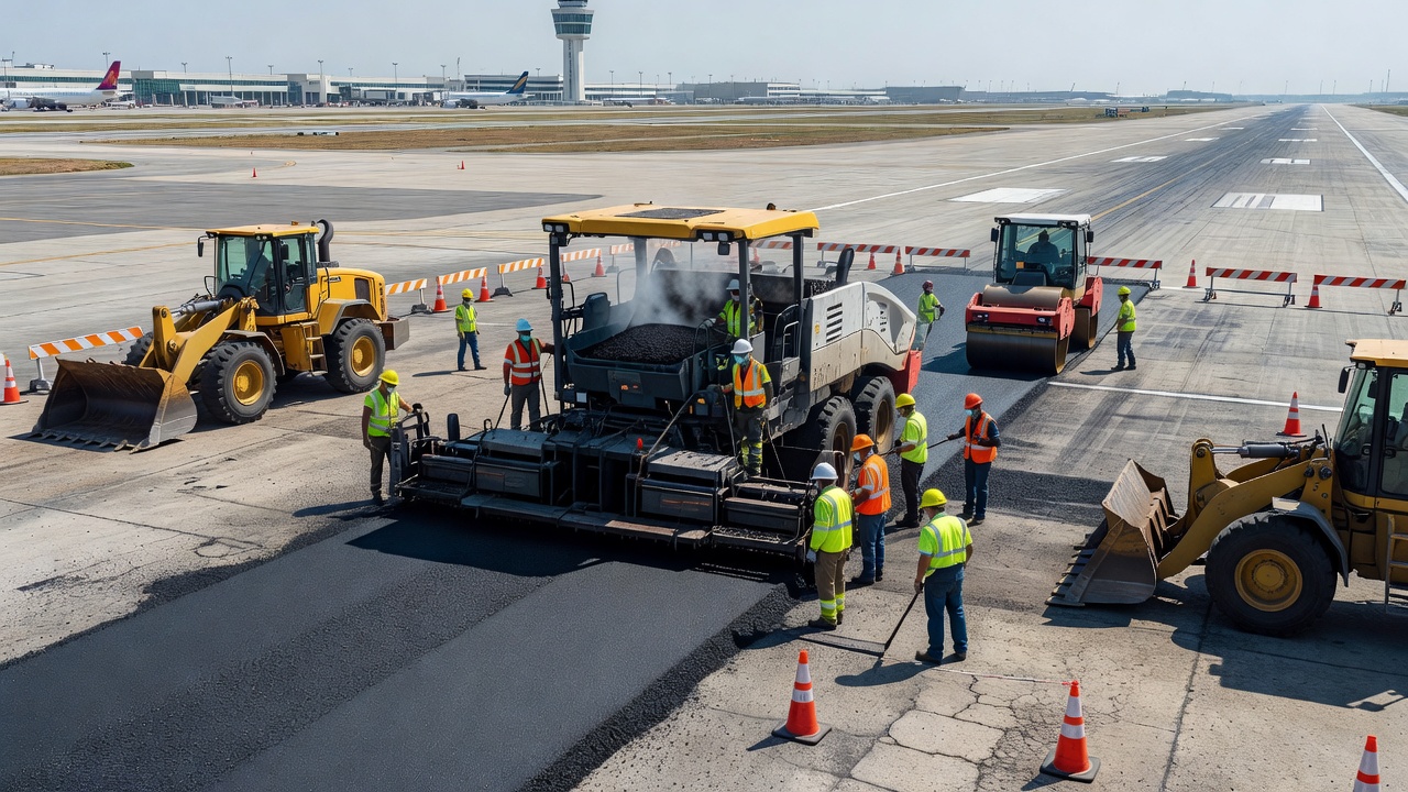 Équipe de construction aéroportuaire effectuant une réhabilitation de chaussée de piste avec une machine de pavage et des engins lourds