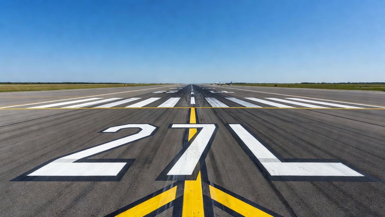 Surface de chaussée de piste d'aéroport commercial avec texture d'asphalte visible et marques de piste sous un ciel ensoleillé