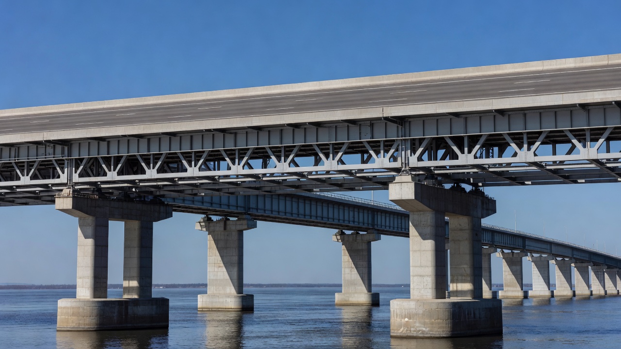 Pont routier avec tablier visible, poutres de superstructure en acier et piles d'infrastructure en béton enjambant un plan d'eau