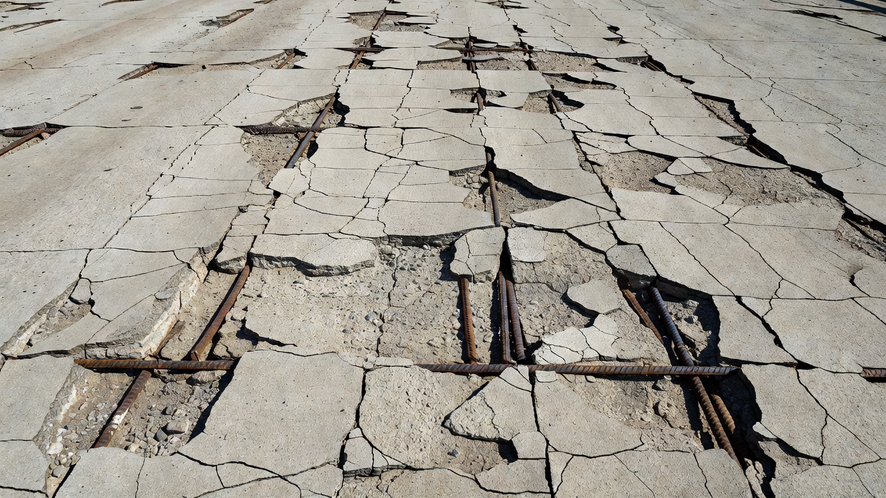 Gros plan d'un tablier de pont en béton en détérioration avec fissures, éclats et armatures exposées