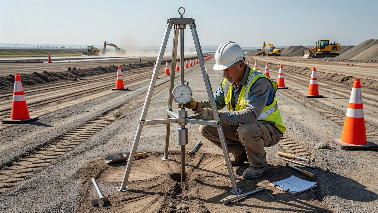 Ingénieur géotechnicien réalisant un essai d'indice portant californien CBR in situ sur le sol de la plateforme support sur un chantier de construction aéroportuaire avec appareil d'essai