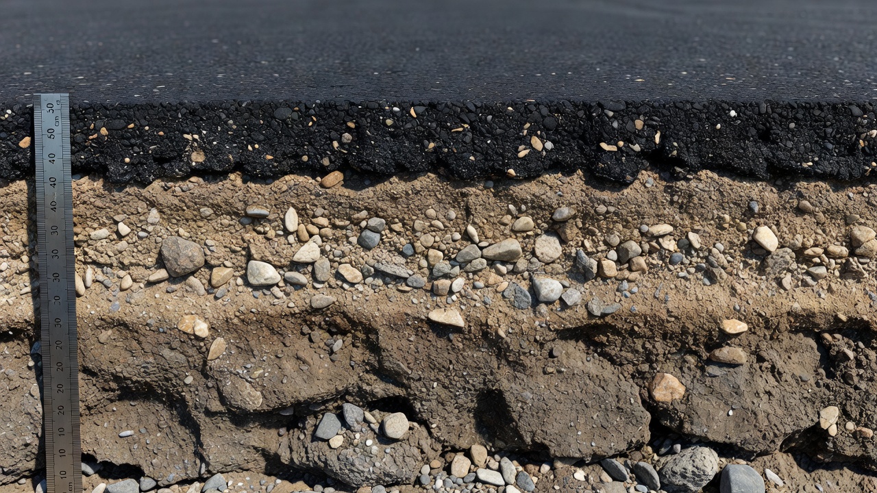 Vue en coupe transversale d'une structure de chaussée aéroportuaire montrant la couche de fondation en sol de plateforme support sous la base granulaire et les couches de surface en enrobé