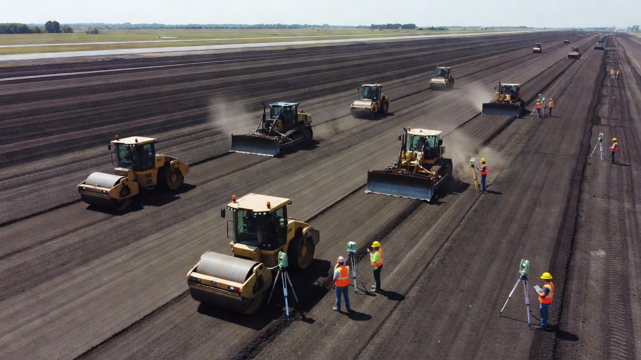 Construction de la plateforme support d'une piste d'aéroport montrant des rouleaux de compactage lourds et des engins de terrassement préparant la couche de fondation en sol